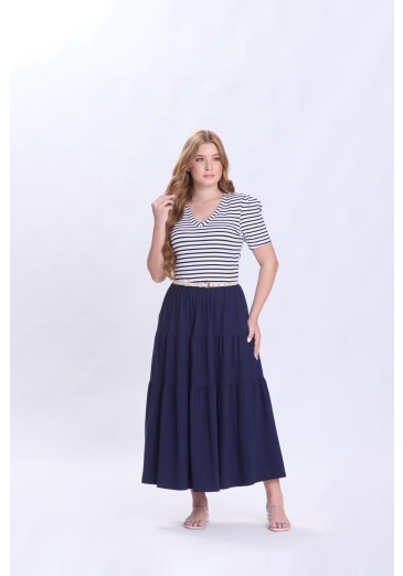 Vestido Deise Em Malha Canelada Listrada E Malha Lisa De Algodão Sustentável Azul Marinho Hapuk Primavera/Verão 2027