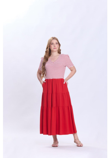Vestido Deise Em Malha Canelada Listrada E Malha Lisa De Algodão Sustentável Vermelho Hapuk Primavera/Verão 2027