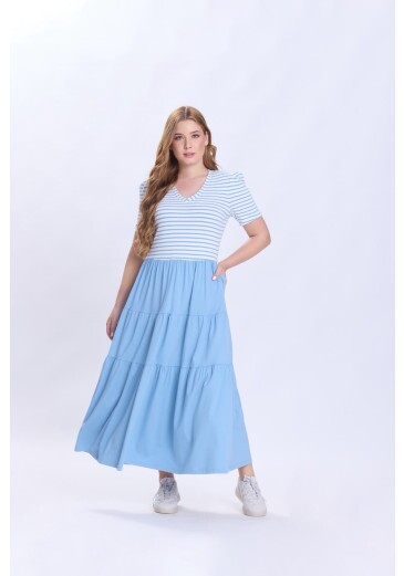 Vestido Deise Em Malha Canelada Listrada E Malha Lisa De Algodão Sustentável Azul Hapuk Primavera/Verão 2027