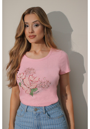 T-Shirt Maite Em Malha Canelada Aurora Rosa Nitido Primavera/Verão 2027