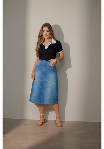 Saia Alexandra Em Jeans Midi E Lavagem Média Com Efeito Lixado Nitido Primavera/Verão 2027