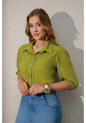 Camisa Elizabete Em Renda Guipir Verde Nitido Primavera/Verão 2027