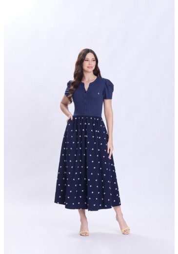 Vestido Magna Em Malha E Tecido Plano Bordado Azul Marinho Hapuk Primavera/Verão 2027