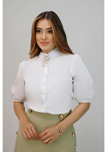 Camisa Beatrice Em Tricoline Com Broche Branca Nítido Primavera/Verão 2025