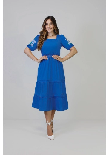 Vestido Kelly Midi Na Seda Bigônia Azul Nítido Alto Verão 2025