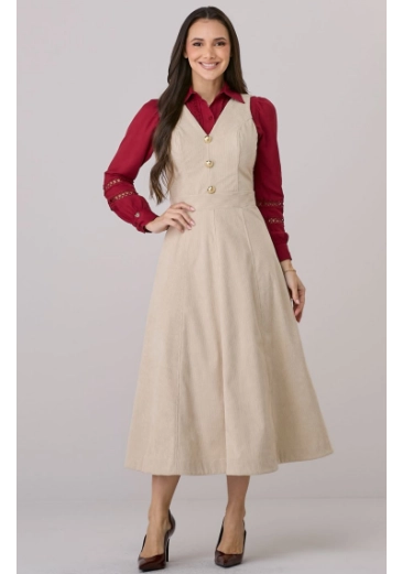 Vestido Simone Em Veludo Cotele Bege Tata Martello Outono/Inverno 2026