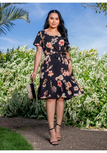 Vestido Sabrina Em Sedinha Florido Preto  Maria Amore Primavera/Verão 2026