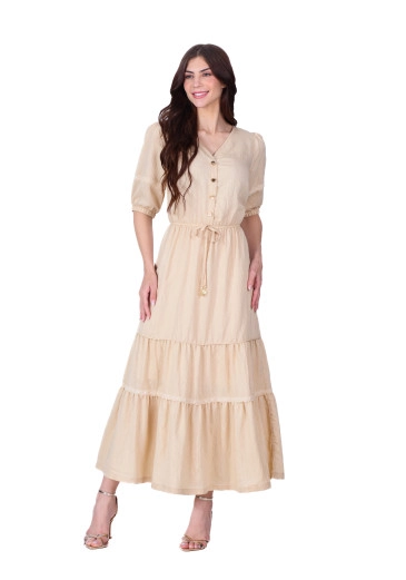 Vestido Roseli Em Tecido Plano Maquinetado Bege Hapuk Primavera/Verão 2026