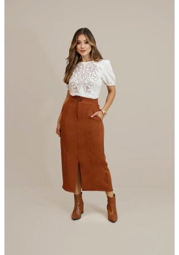 Saia Astromelia Em Alfaiataria Chambray Marrom Nitido Outono/Inverno 2026