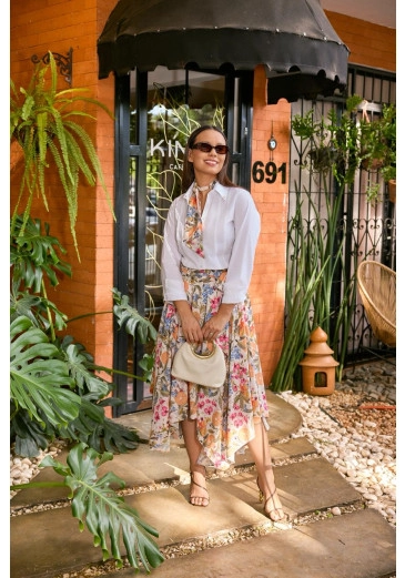 Saia Bianca Em Tecido Toque De Seda Estampado Jany Pim Primavera/Verão 2027