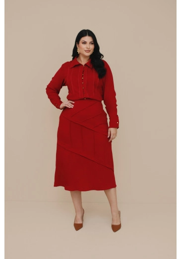 Saia Selen Em Midi Visco Linho Plus Size Vermelho Nitido Outono/Inverno 2026