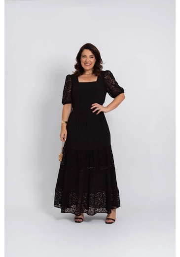 Vestido Longo Em Cambraia Com Recorte Em Renda Preto Kauly Alto Verão 2025