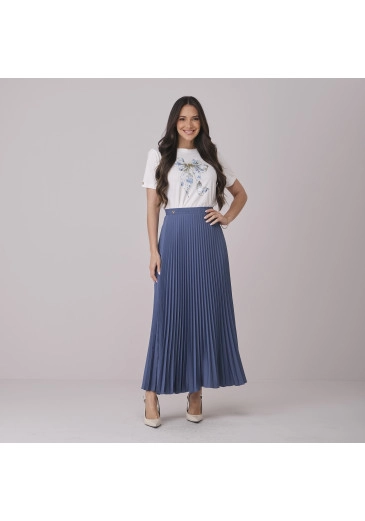 Saia Melissa Em Crepinho Plissado Azul Tata Martello Outono/Inverno 2026