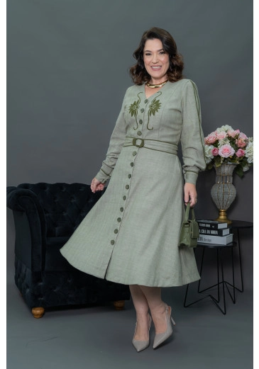 Vestido Midi Verde Em Alfaiataria Chevron Com Bordado Kauly Outono/Inverno 2025