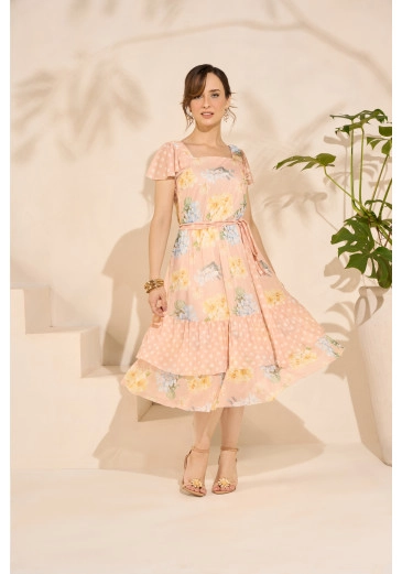 Vestido Anielli Estampado Godê Jany Pim Alto Verão 2025