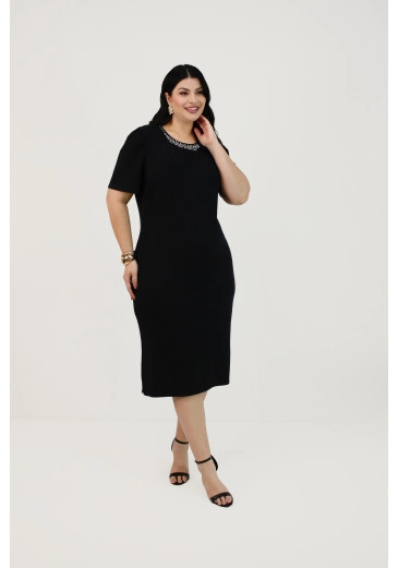 Vestido Lana Em Malha Canelada Preto Plus Size Nítido Primavera/Verão 2026