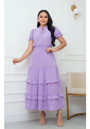 Vestido Luana Em Crepe Maquinetado Lilás Maria Amore Primavera/Verão 2026