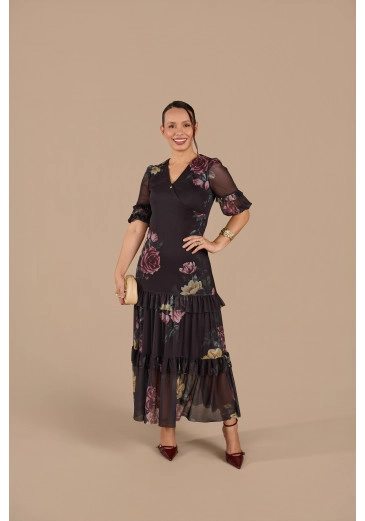 Vestido Heloisa Em Tule Preto Florido Jany Pim Outono/Inverno 2026