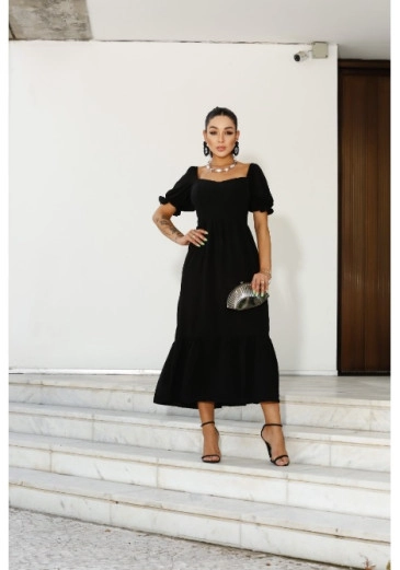 Vestido Midi Com Lastex Manga Curta Preto Outono/Inverno 2023