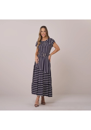 Vestido Silvia Em Viscose Rayon Listrado Preto Tatá Martello Primavera/Verão 2026
