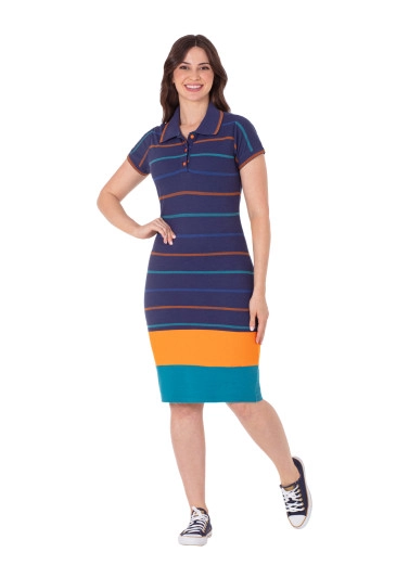Vestido Keley em Piquet Listrado com Botões Azul Marinho Hapuk Primavera/Verão 2025 