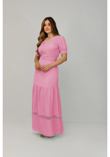 Vestido Liz Decote V Manga Princesa Rosa Nítido Primavera/Verão 2025