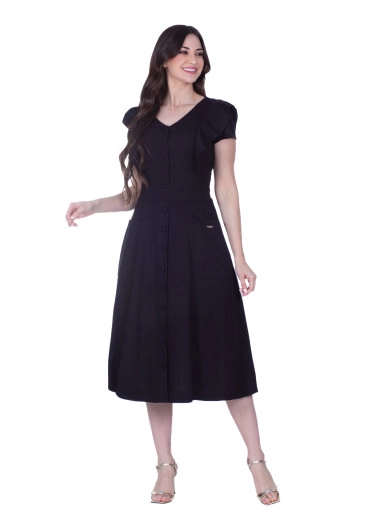 Vestido Danúbia em Tecido Plano com Decote V e Botões Funcionais Preto Hapuk Primavera/Verão 2025
