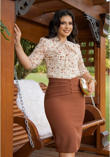 Saia Luciana Em Alfaiataria Marrom Maria Amore Outono/Inverno 2026