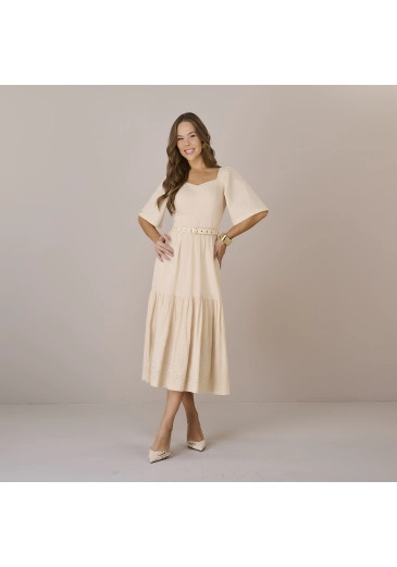 Vestido Patricia Em Tricoline Bordado Bege Tatá Martello Outono/Inverno 2025