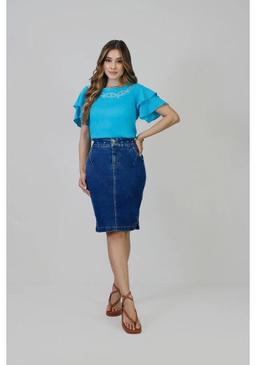 Saia Manu Secretária Jeans com Bolso Bordado Nítido Primavera/Verão 2025 