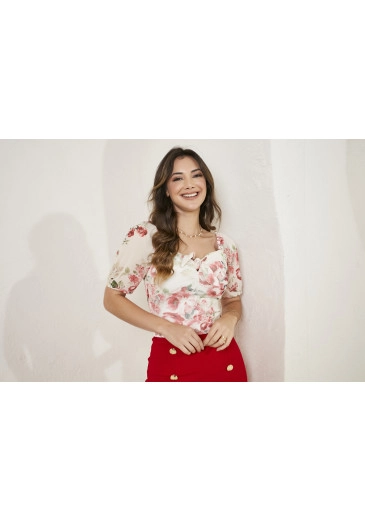 Blusa Ayla Em Tule Estampa Exclusiva De Flores Tatá Martello Primavera/Verão 2024