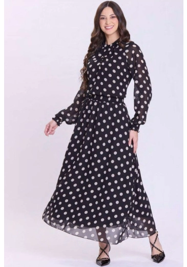 Vestido Valéria Em Plano Chiffon Com Estampa Em Poá Preto Hapuk Outono/Inverno 2026