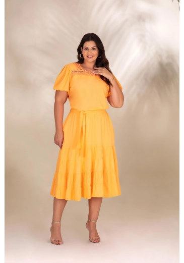 Vestido Super Midi Plus Size De Viscose Com Guipirs Laranja Hadaza Alto Verão 2024