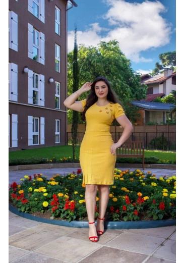 Vestido Tamires Em Malha Canelada Premium Amarelo  Maria Amore Alto Verão 2025