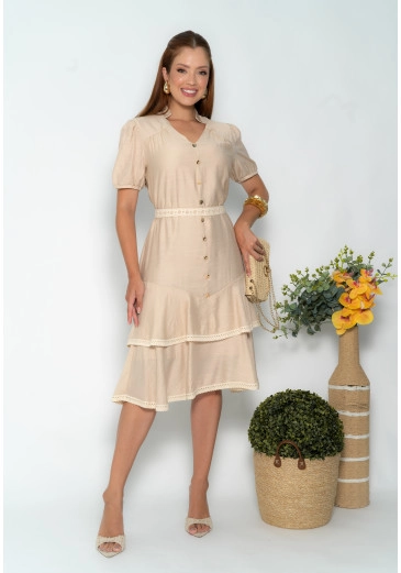 Vestido Em Crepe Rayon Bege Luciana Pais Outono/Inverno 2025