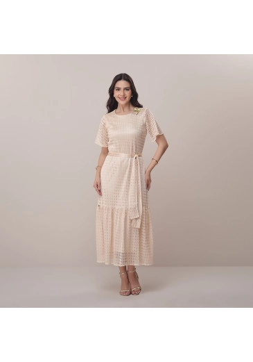 Vestido Jane Em Malha Crochet Bege Tatá Martello Primavera/Verão 2026