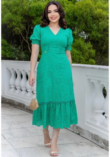 Vestido Verônica Midi Verde Em Decote V E Detalhes De Renda Maria Amore Alto Verão 2024