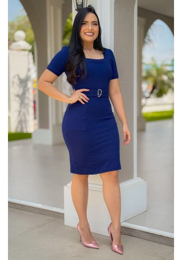 Vestido Olivia Malha Moletinho Premium Azul Maria Amore Alto Verão 2025