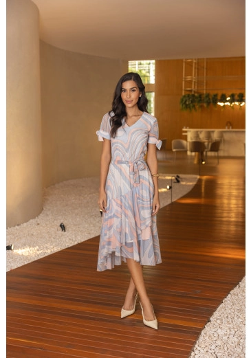 Vestido Natália Em Tule Estampa Exclusiva Cinza Jany Pim Primavera/Verão 2026