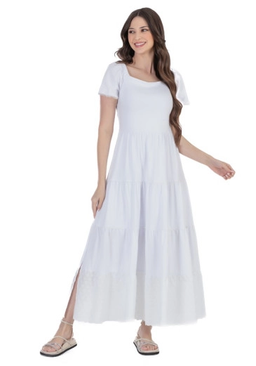 Vestido Leilane Mix Tecido Com Lastex Nas Costas Branco  Hapuk Alto Verão 2024