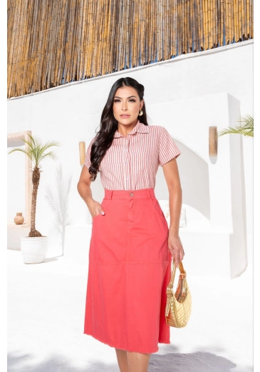 Saia Raissa Jeans Colorida Coral Fagian Alto Verão 2024