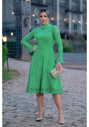 Vestido Em Laise Detalhe Em Renda Verde Luciana Pais Outono/Inverno 2023