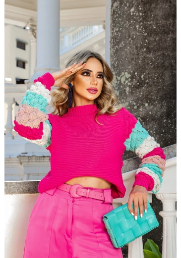 Blusa Belgica Pink Manga Colorida Em Tricot Outono/Inverno 2023