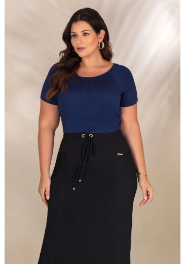 Blusa Plus Size De Malha Lisa Com Decote Canoa E Nervuras Azul Hadaza Primavera/Verão 2024