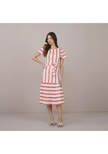 Vestido Ana em Lace Cathonic com Elastano Listrado Coral Tatá Martello Primavera/Verão 2025 