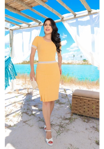 Vestido Ellen Em Malha Canelada Premium Amarelo Maria Amore Alto Verão 2025