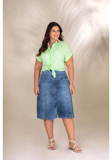 Camisa Plus Size De Visco Slub Com Bordado E Botões Encapados Verde Hadaza Alto Verão 2024