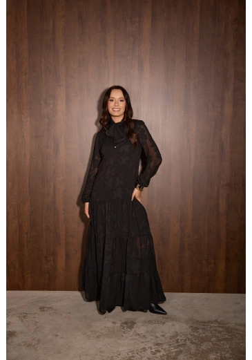 Vestido Luana Em Madeleine Jacquard Preto Jany Pim Outono/Inverno 2026