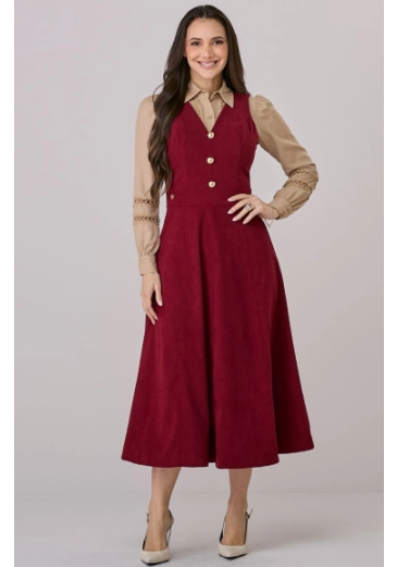 Vestido Simone Em Veludo Cotele Bordo Tata Martello Outono/Inverno 2026