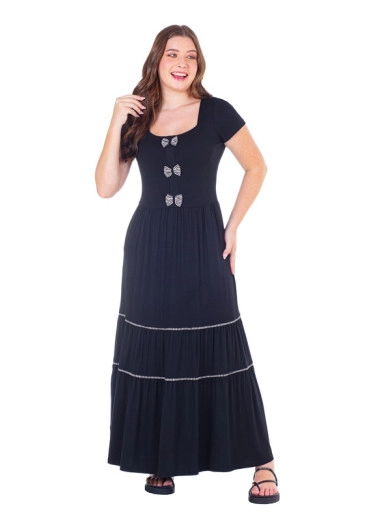 Vestido Taise em Malha com Detalhe em Aplique de Laços Preto Hapuk Primavera/Verão 2025 